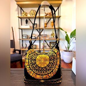 Versace Vintage Baroque Pattern Medusa Black Yellow Gold Fittings Cotton Hobo